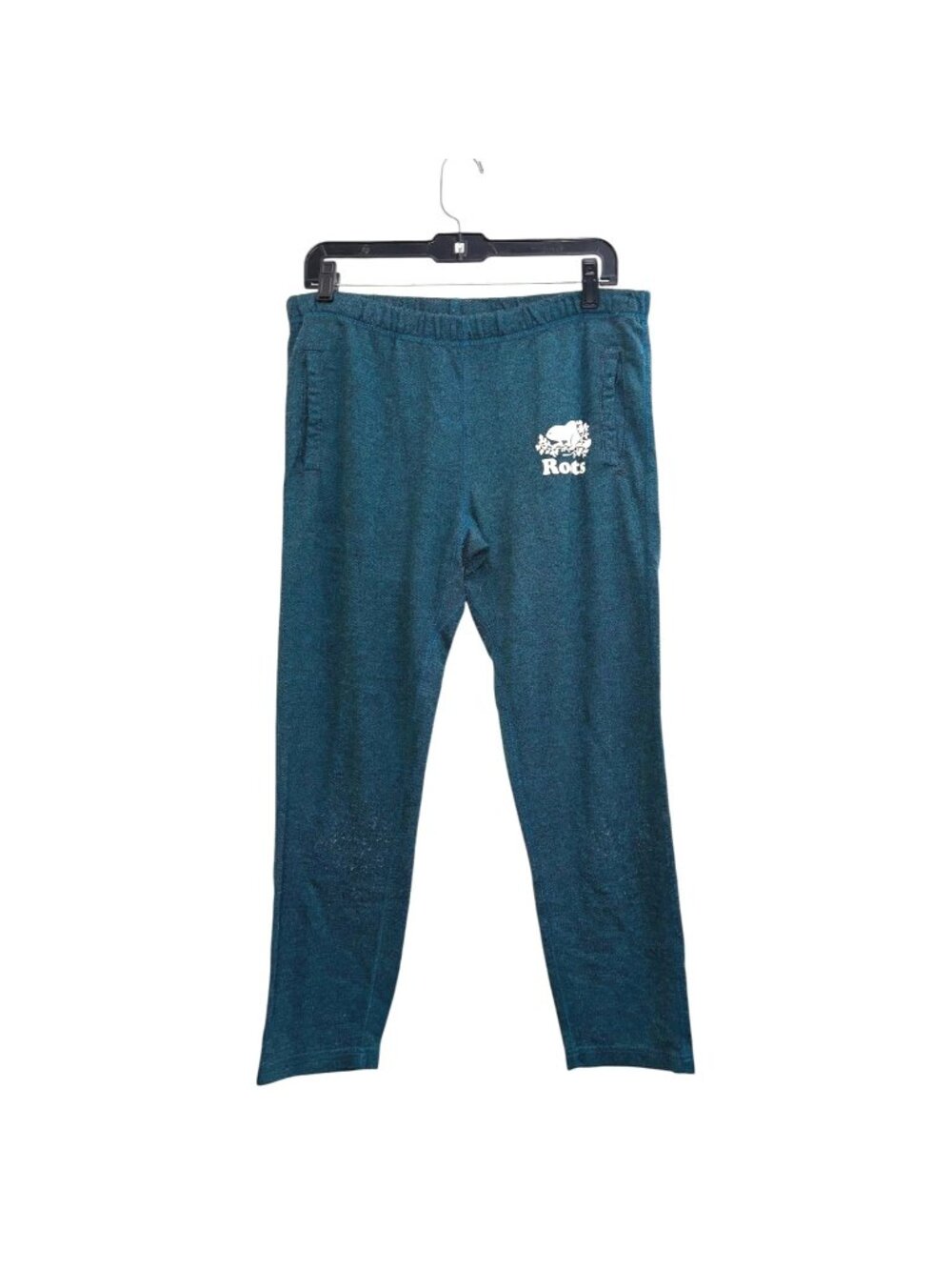 Roots Original Sweatpants Men's M Teal Cotton Fleece Logo Pull-On Slim Classic
